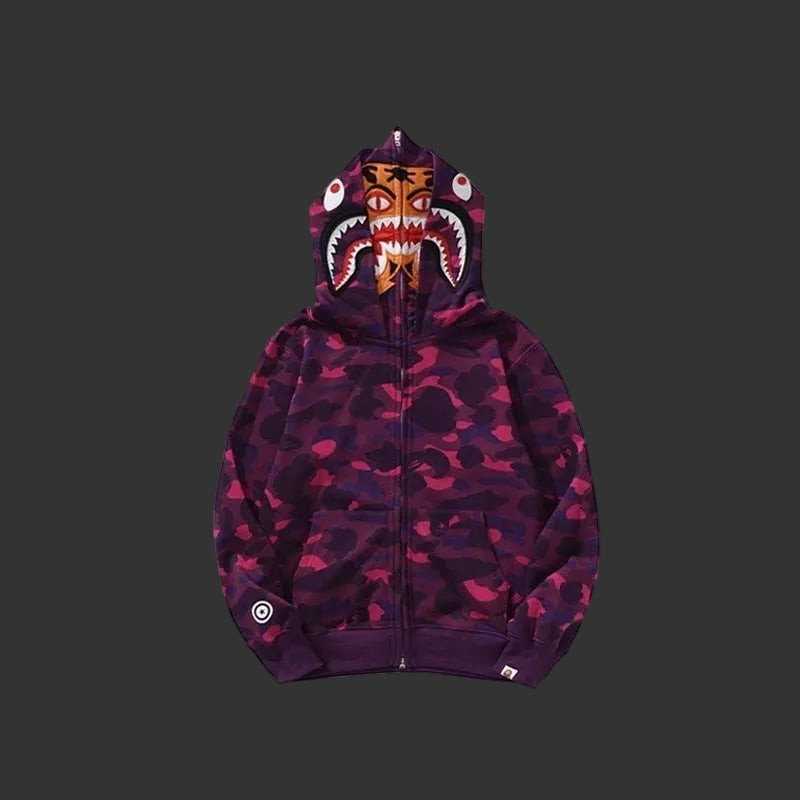 Color Camo Shark Full Zip Hoodie Purple DOUBLE HOODED
