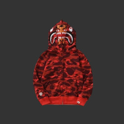 Color Camo Shark Full Zip Hoodie Red DOUBLE HOODED
