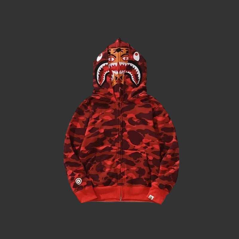 Color Camo Shark Full Zip Hoodie Red DOUBLE HOODED