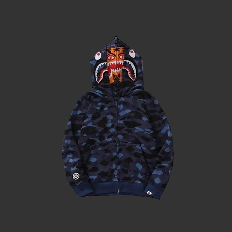 Color Camo Shark Full Zip Hoodie Blue DOUBLE HOODED