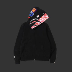 Color Camo Shark Full Zip Double Hood Hoodie Black (Pink/Red lining variant)