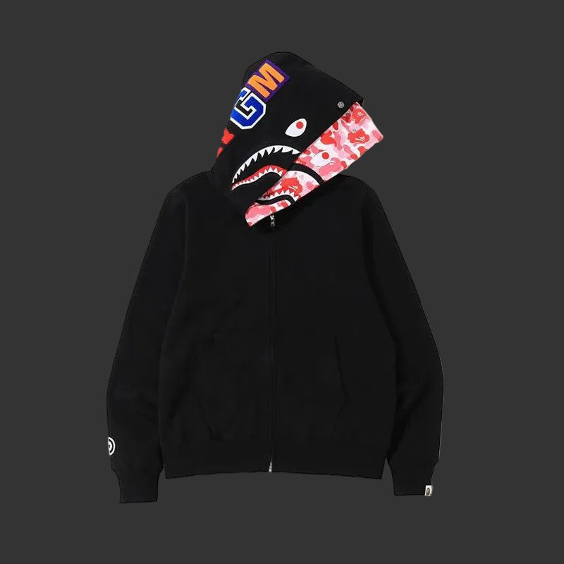 Color Camo Shark Full Zip Double Hood Hoodie Black (Pink/Red lining variant)