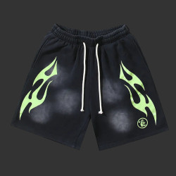 Hellstar Sports Flame Shorts Green and Black