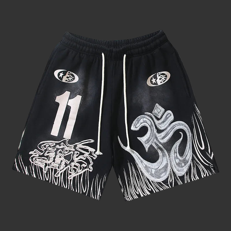 Hellstar Yoga Flame Om-Print Track Shorts Black
